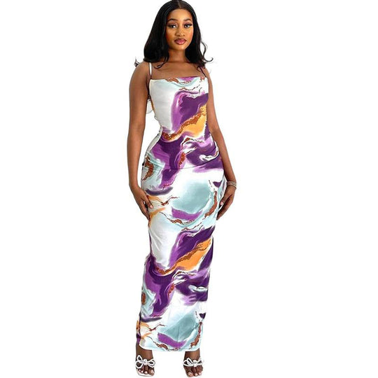 Damen Maxikleid mit anpassbarem Spaghettiträgerschnitt und schickem Marmor-Design R&B