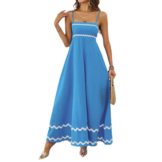 Damen Lange Maxi-Kleid mit Spaghetti-Trägern und dekorativem Saum R&B
