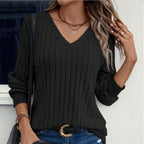 Damen Strickpullover mit V-Ausschnitt und dekorativen Rippdetails R&B