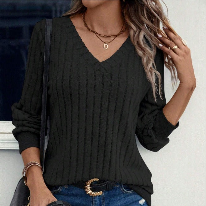 Damen Strickpullover mit V-Ausschnitt und dekorativen Rippdetails R&B