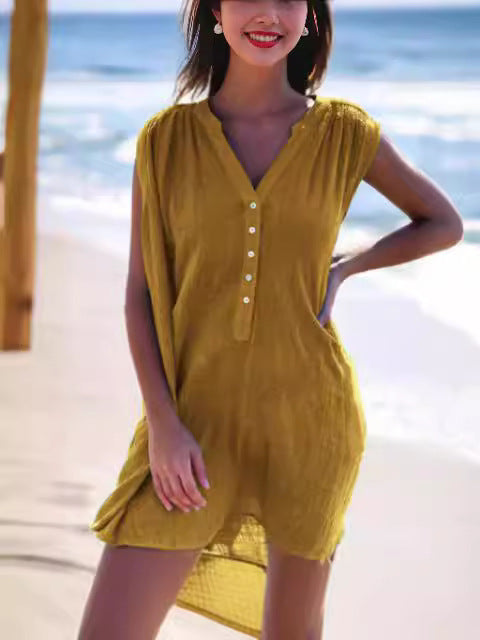 Damen Sommerliches Strandkleid mit kurzer Knopfleiste und V-Ausschnitt R&B