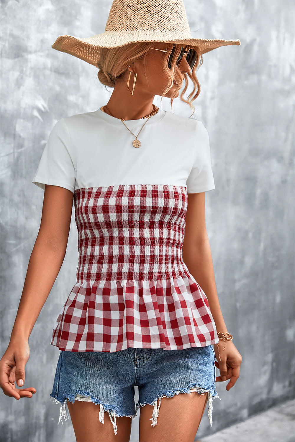 Damen Peplum-Oberteil mit kariertem Stoff und elastischer Taillierung R&B