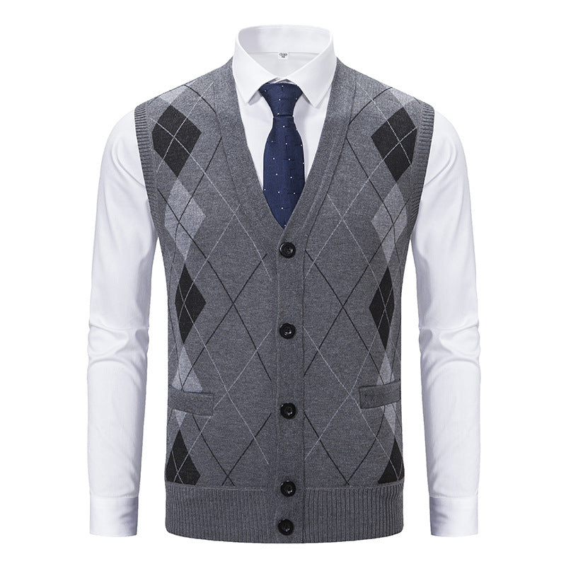 Herren elegante Strickjacke mit Rautenmuster und praktischen Taschen R&B