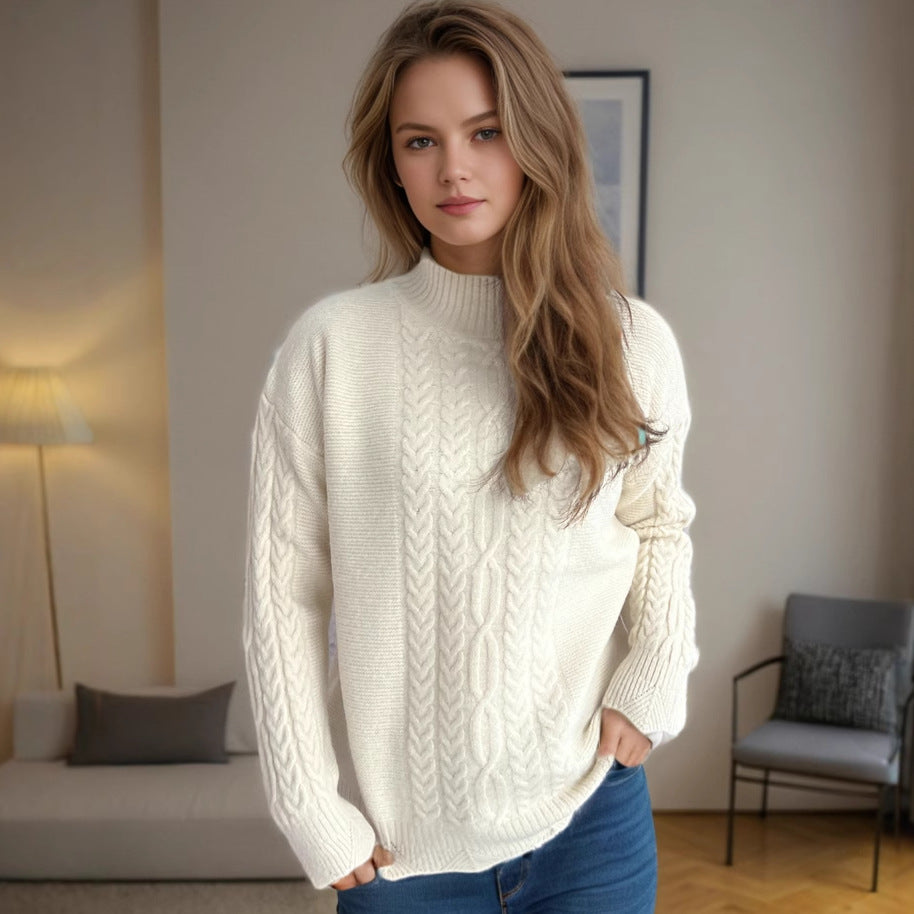 Damen kuscheliger Strickpullover mit modernem Zopfdesign und Rundhalsausschnitt R&B