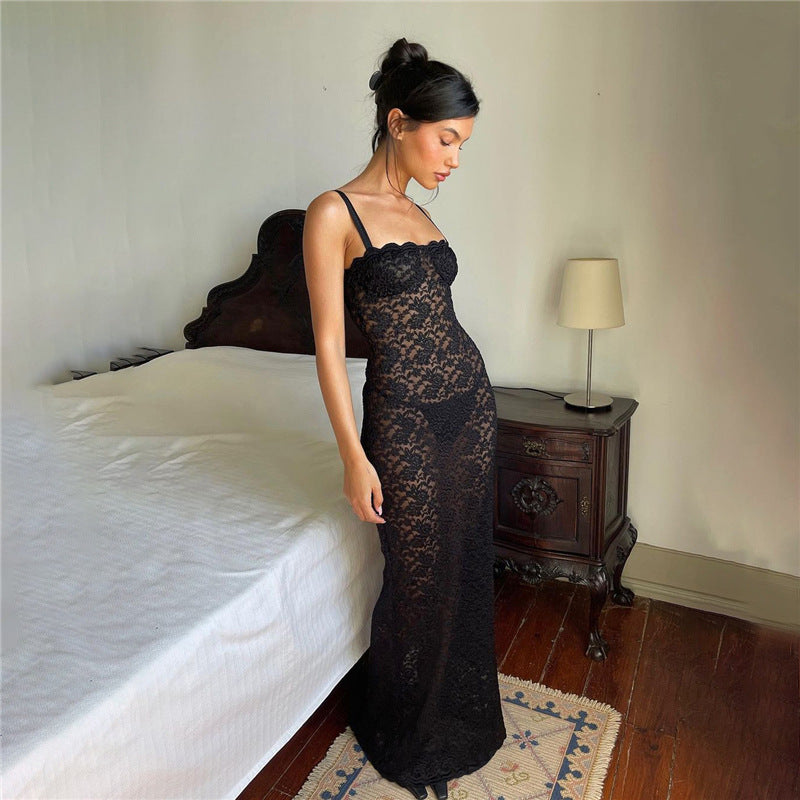 Damen Elegantes langes Spitzenkleid mit verführerischem Schlitz und Spaghettiträgern R&B
