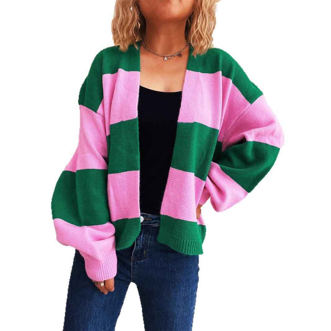 Damen lässige Strickjacke mit breitem Streifenmuster und extra weitem Schnitt R&B
