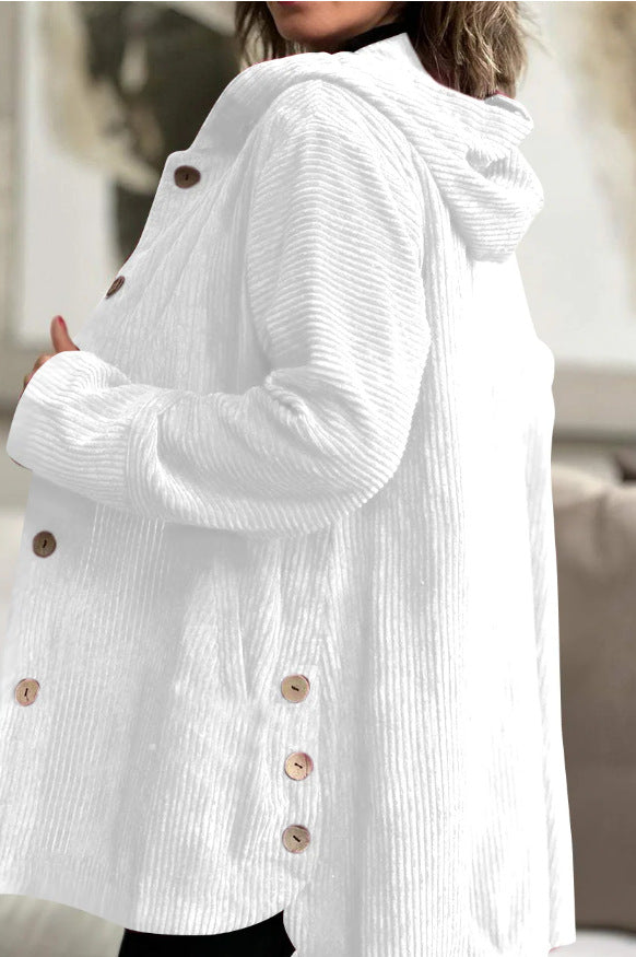 Damen Wohlfühljacke aus Cord mit Kapuze und großen Knöpfen R&B