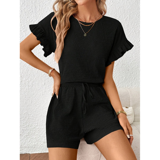 Damen Kurzarm-Overall mit Rüschendetails und Bindegürtel R&B