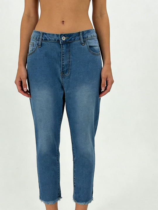 Damen lässige High-Waist Jeans mit fransigem Saum und angesagtem Schnitt R&B