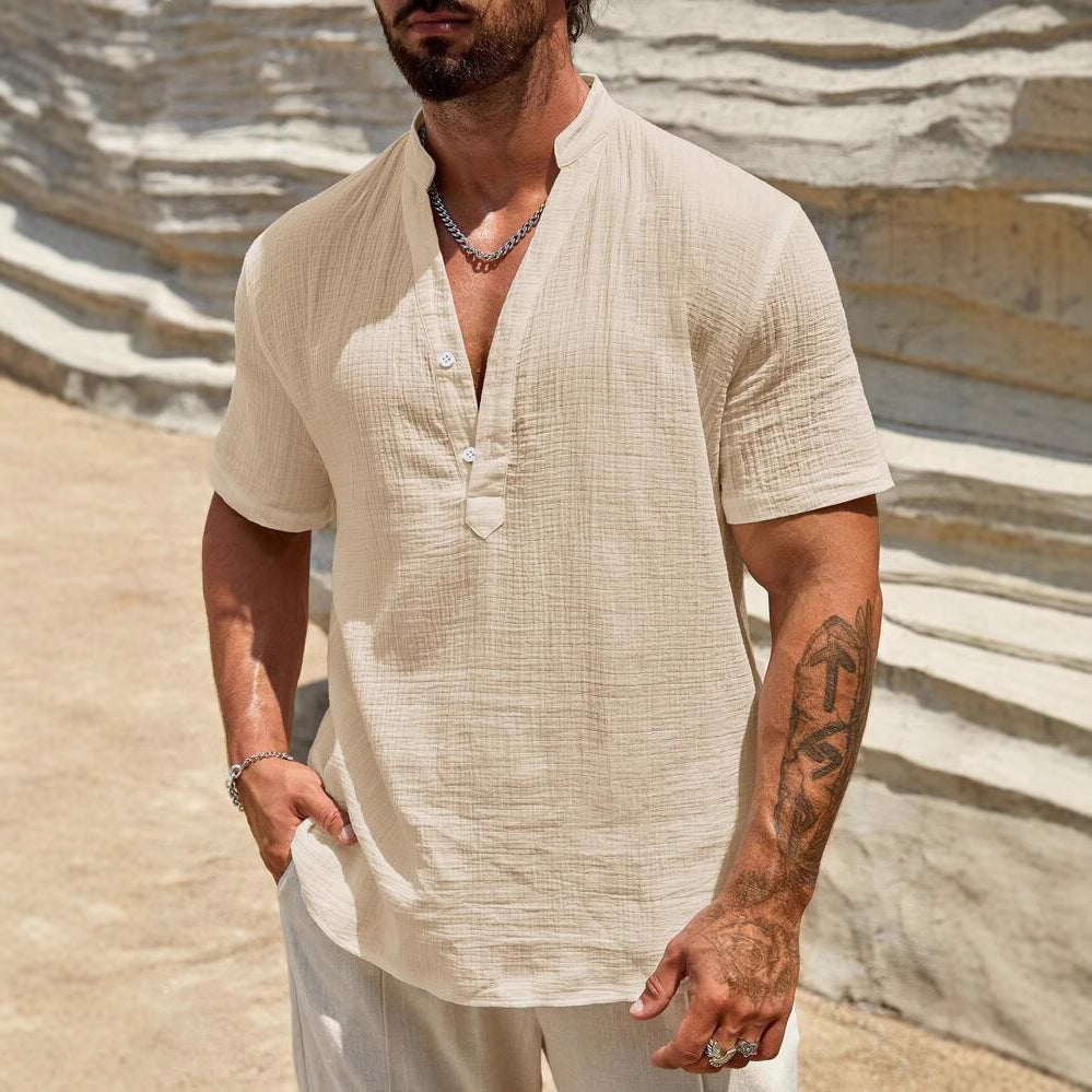 Herren Kurzarm Henley Hemd mit modernem Stehkragen aus leichtem Baumwollmaterial R&B