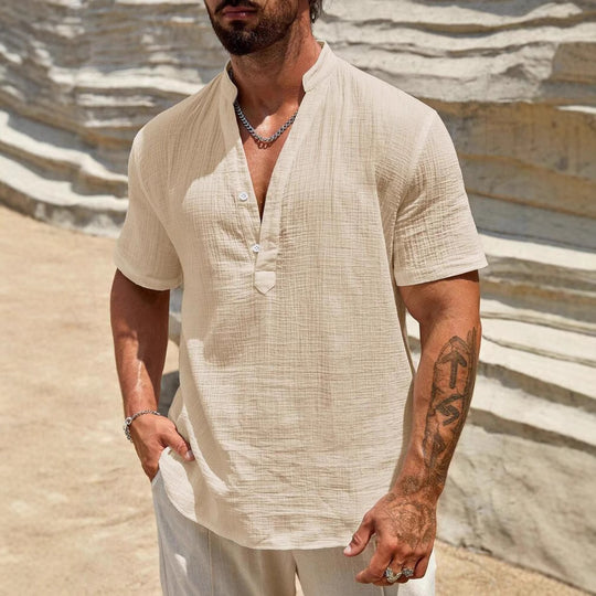 Herren Kurzarm Henley Hemd mit modernem Stehkragen aus leichtem Baumwollmaterial R&B