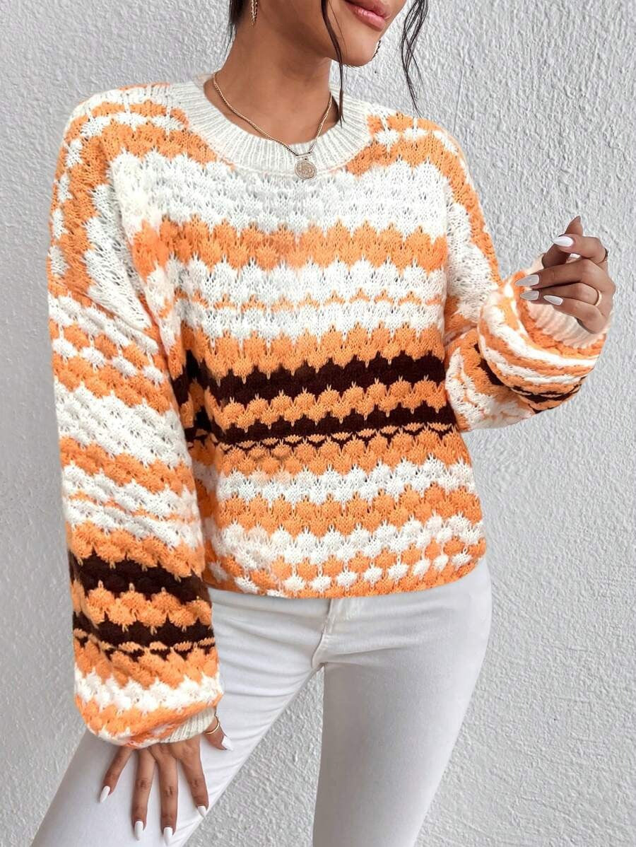 Damen Strickpullover mit kreativem Lochmuster und modischen Farbakzenten R&B