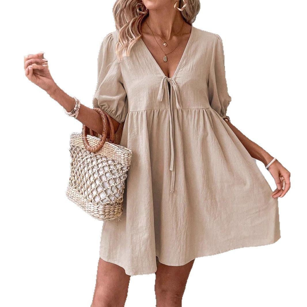 Damen luftiges Sommerkleid mit V-Ausschnitt und Raffungen R&B
