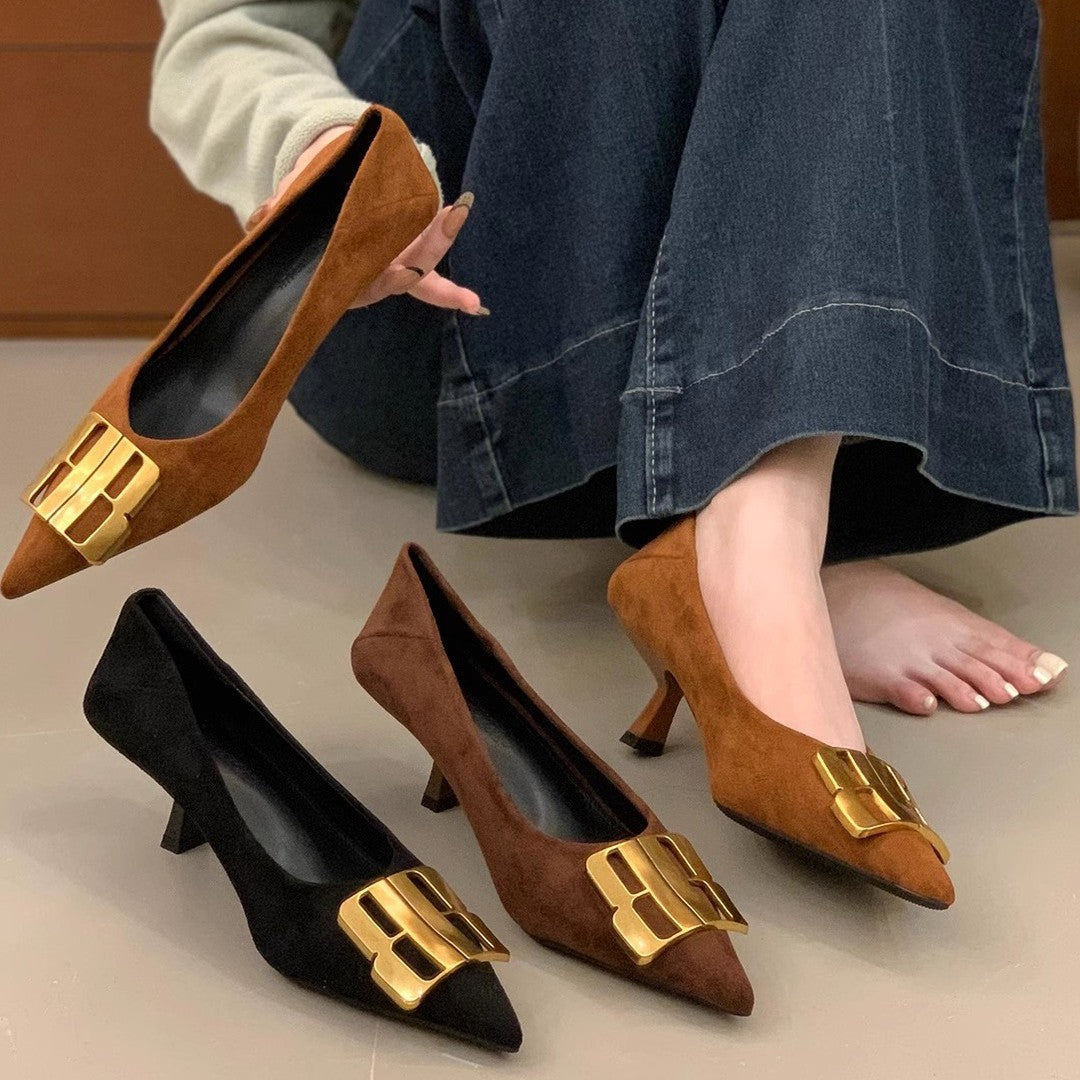Damen elegante Slingback Pumps mit goldener Schnallenverzierung
