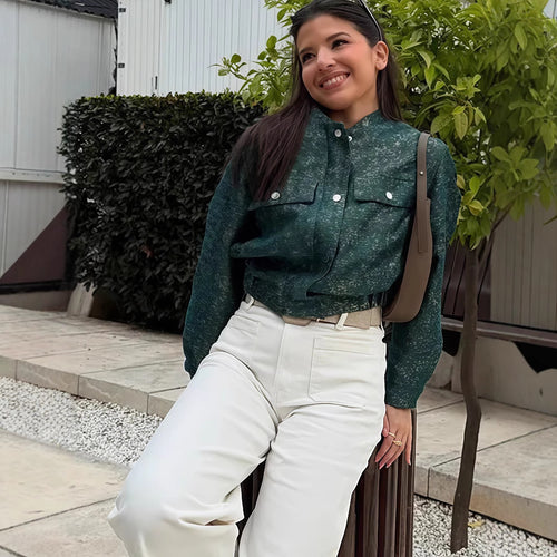 Damen modische Utility-Jacke mit Taschen und Druckknöpfen R&B