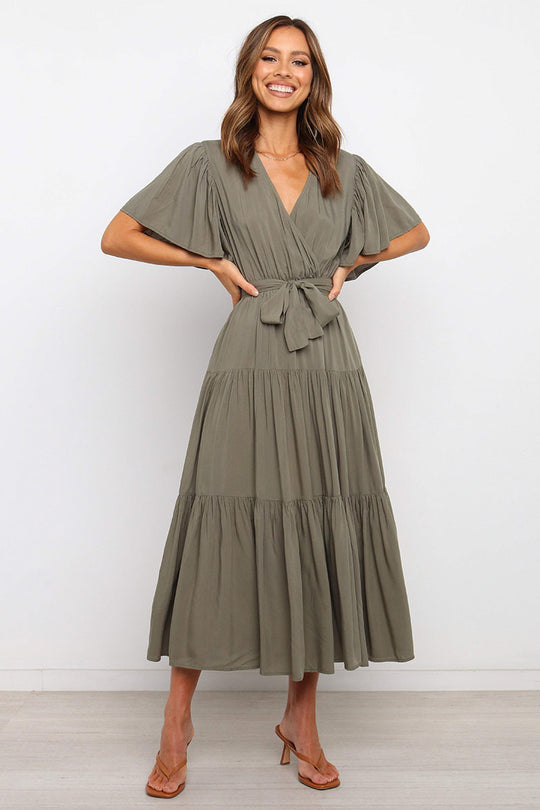 Damen Maxikleid mit tiefem V-Ausschnitt und schwingenden Ärmeln R&B