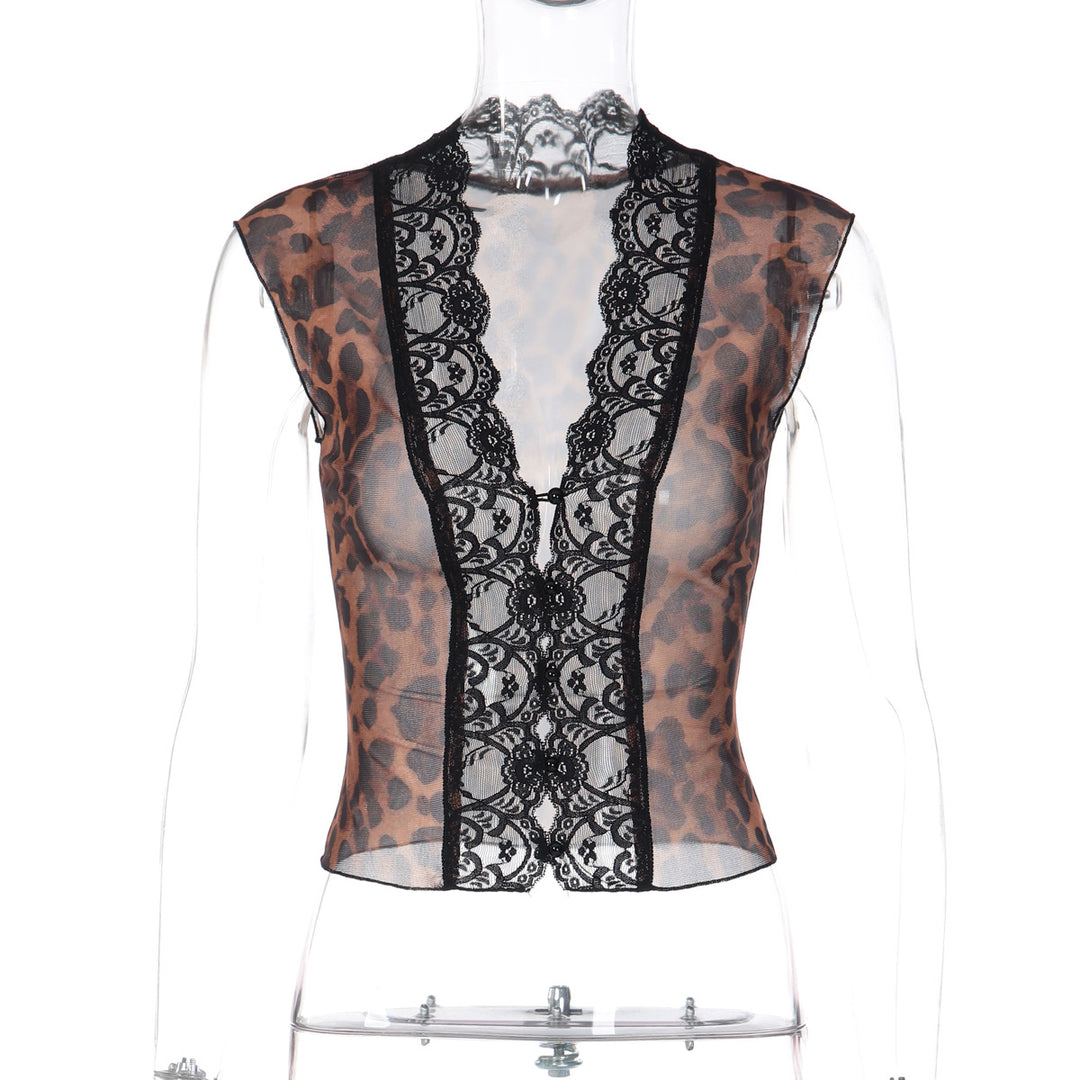 Damen Transparente Spitzenbluse mit Leopardenmuster R&B 1778568971