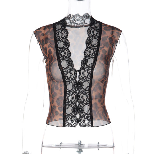 Damen Transparente Spitzenbluse mit Leopardenmuster R&B 1778568971