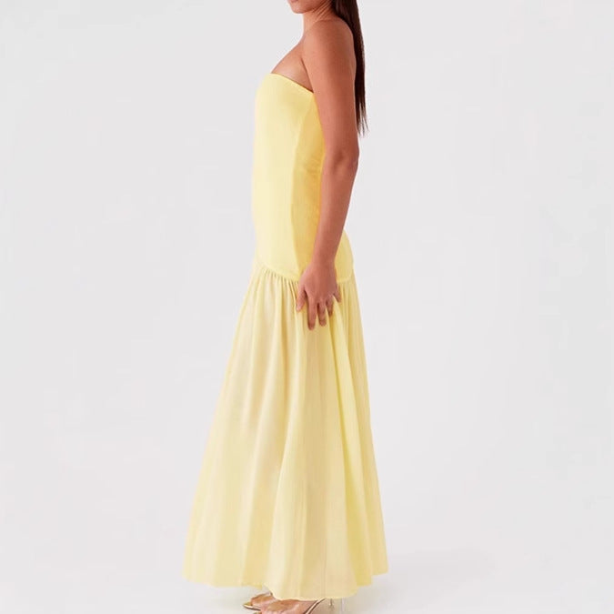 Damen Elegantes trägerloses Maxikleid mit hohem Schlitz und fließendem Stoff R&B