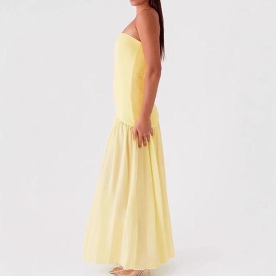 Damen Elegantes trägerloses Maxikleid mit hohem Schlitz und fließendem Stoff R&B