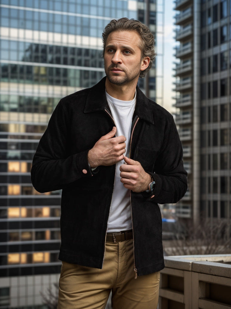 Herren modische Wildlederjacke mit Reißverschluss und Brusttasche R&B