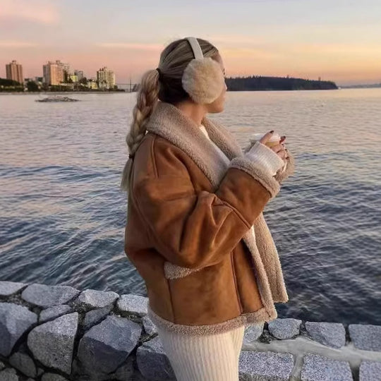 Damen kuschelige Blazerjacke im Teddy-Look mit praktischem Taschen R&B