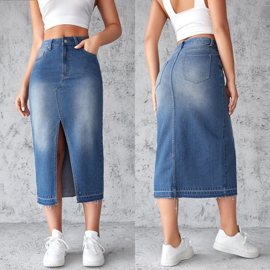 Damen Denim-Midirock mit hohem Schlitz und fransigem Saum R&B