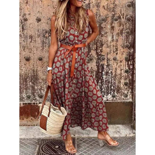 Damen Bohemian Maxi Kleid mit verstellbarem Gürtel R&B