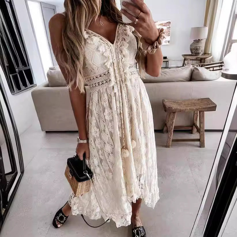 Damen Boho-Maxikleid mit Spitzenakzenten und dekorativen Quasten R&B