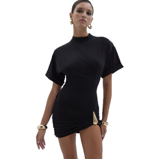 Damen figurbetontes Minikleid mit elegantem Wickeldesign und goldenen Akzenten R&B