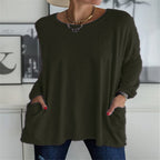 Damen nan oversized Longsleeve-Tunika mit Rundhalsausschnitt, überschnittener Schulter und aufgesetzten Taschen R&B