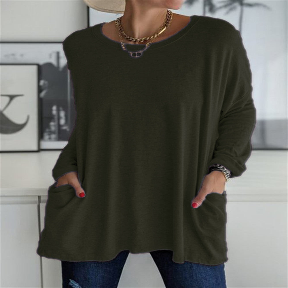 Damen nan oversized Longsleeve-Tunika mit Rundhalsausschnitt, überschnittener Schulter und aufgesetzten Taschen R&B