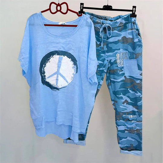 Damen nan lässiges Freizeit-Zweiteiler mit weit geschnittenem Leinenoptik-Shirt, Peace-Symbol und Camouflage-Jogpant mit Patchdetails R&B