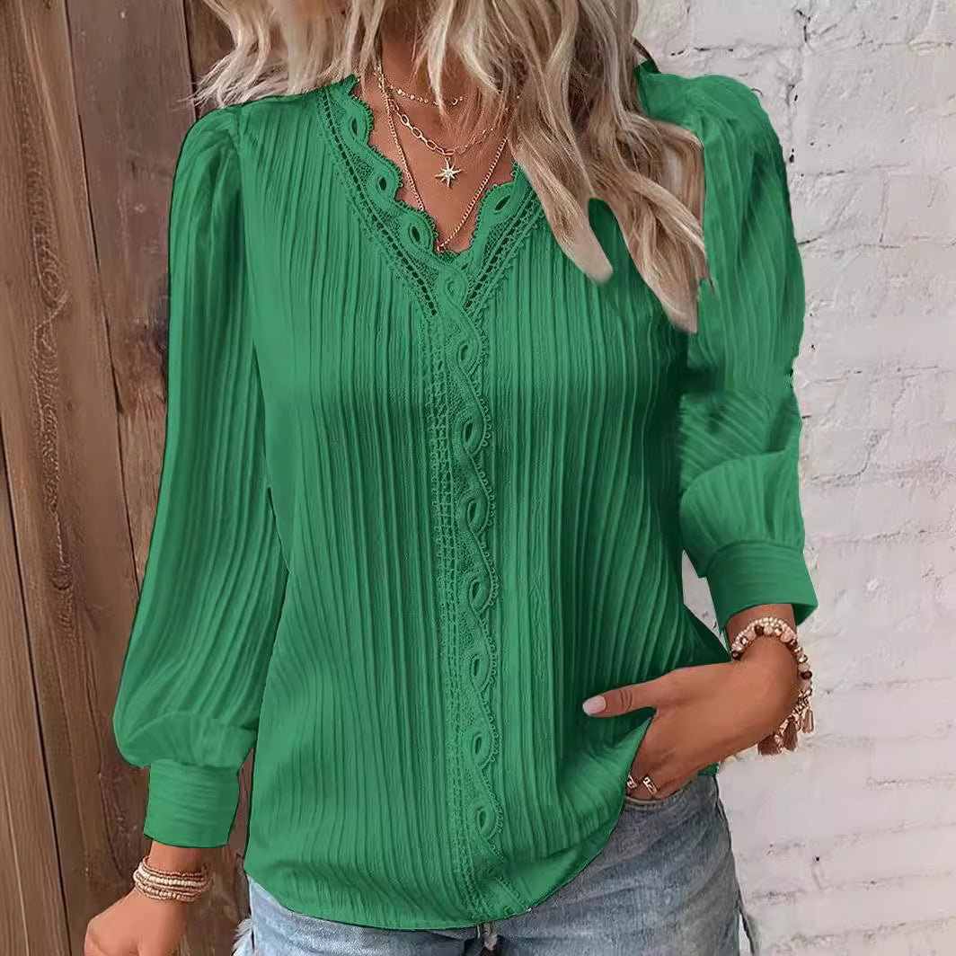 Damen nan romantische V-Ausschnitt Spitzenbluse mit Plissee und Puffärmeln R&B