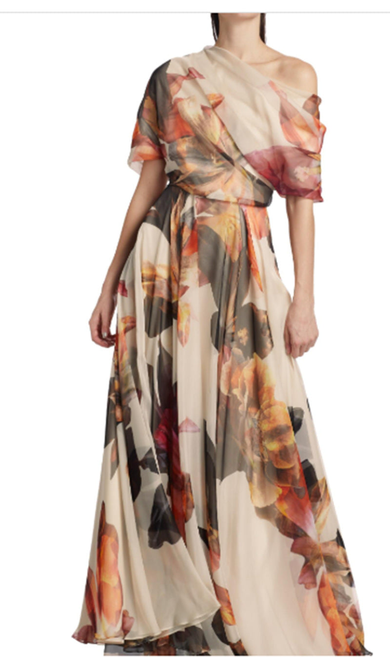 Damen elegantes Chiffon-Kleid mit schulterfreiem Design und floralem Muster R&B