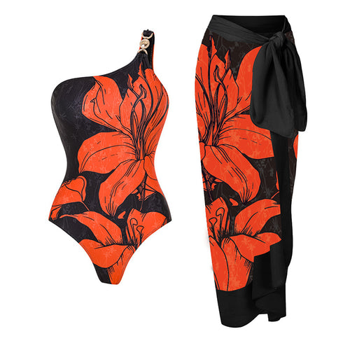 Damen Badeanzug mit asymmetrischem Schnitt und floralen Akzenten R&B