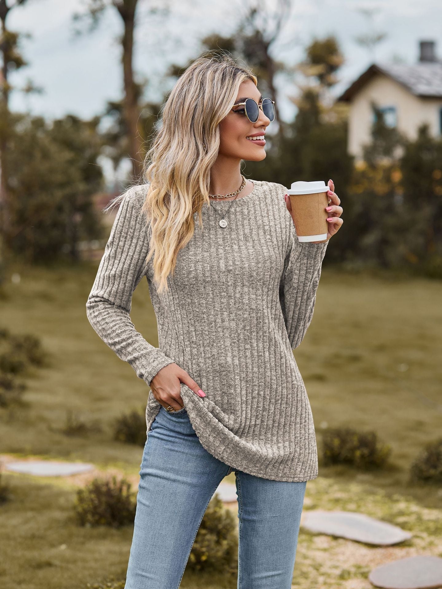 Damen Feinstrickpullover mit geripptem Design und lässigem Schnitt R&B