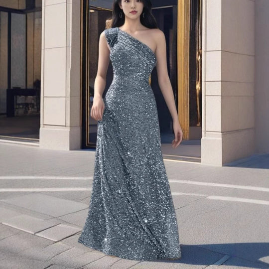 Damen Glamouröses Maxikleid mit schulterfreiem Design und funkelnden Pailletten R&B