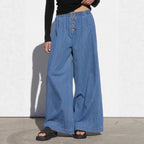 Damen nan weite Highwaist-Jeanshose mit elastischem Bund und dekorativer Knopfleiste R&B