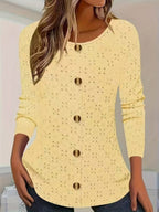 Damen Langarm Blusenshirt mit dekorativen Knopfdetails und filigranem Lochmuster R&B