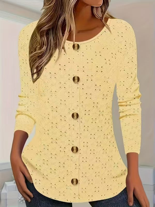 Damen Langarm Blusenshirt mit dekorativen Knopfdetails und filigranem Lochmuster R&B
