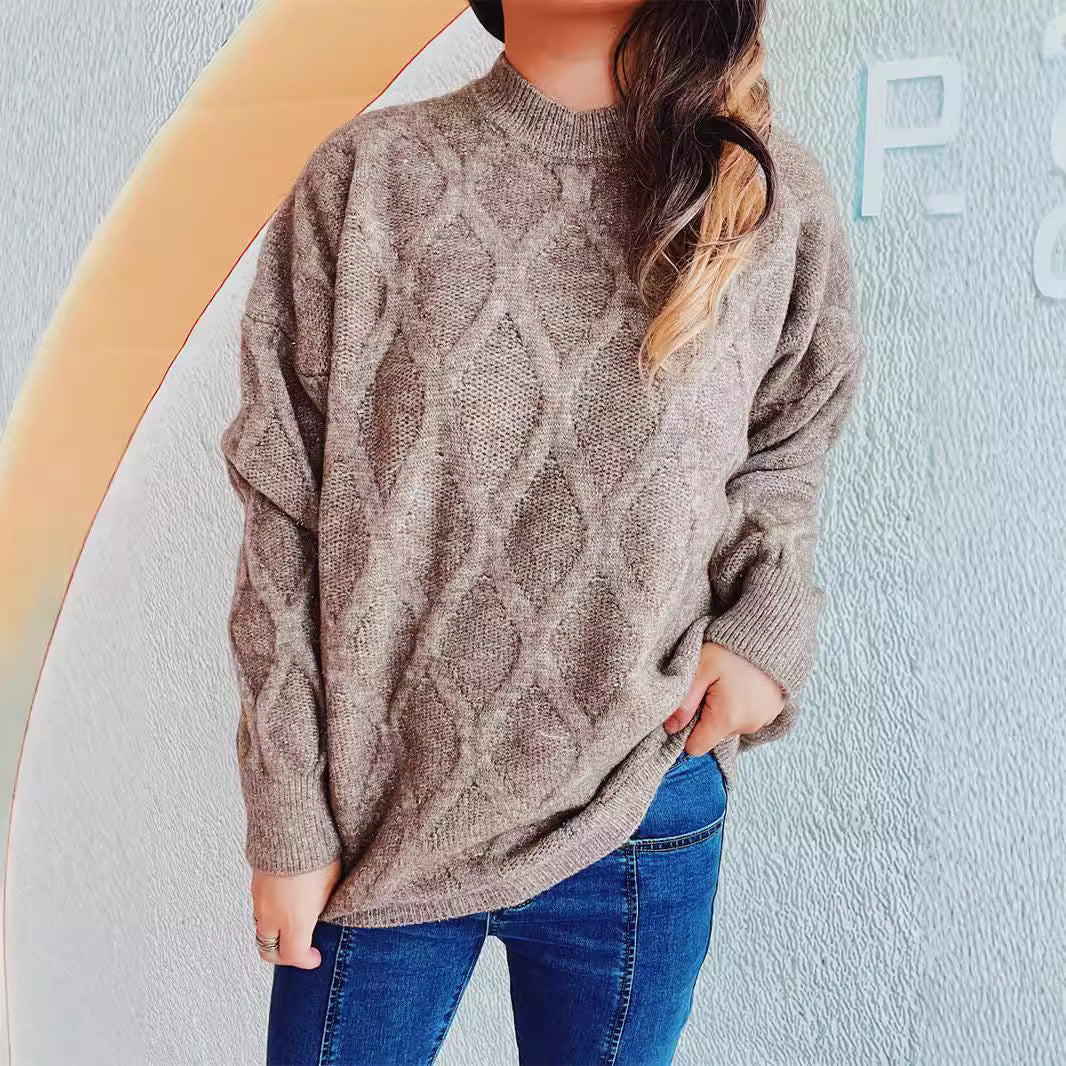 Damen Grobstrickpullover mit elegantem Rautenmuster und voluminösen Ärmeln R&B
