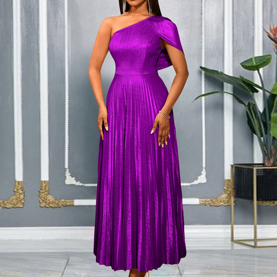 Damen Elegantes Maxi-Kleid mit asymmetrischem Schulterdesign und schimmerndem Plisseestoff R&B