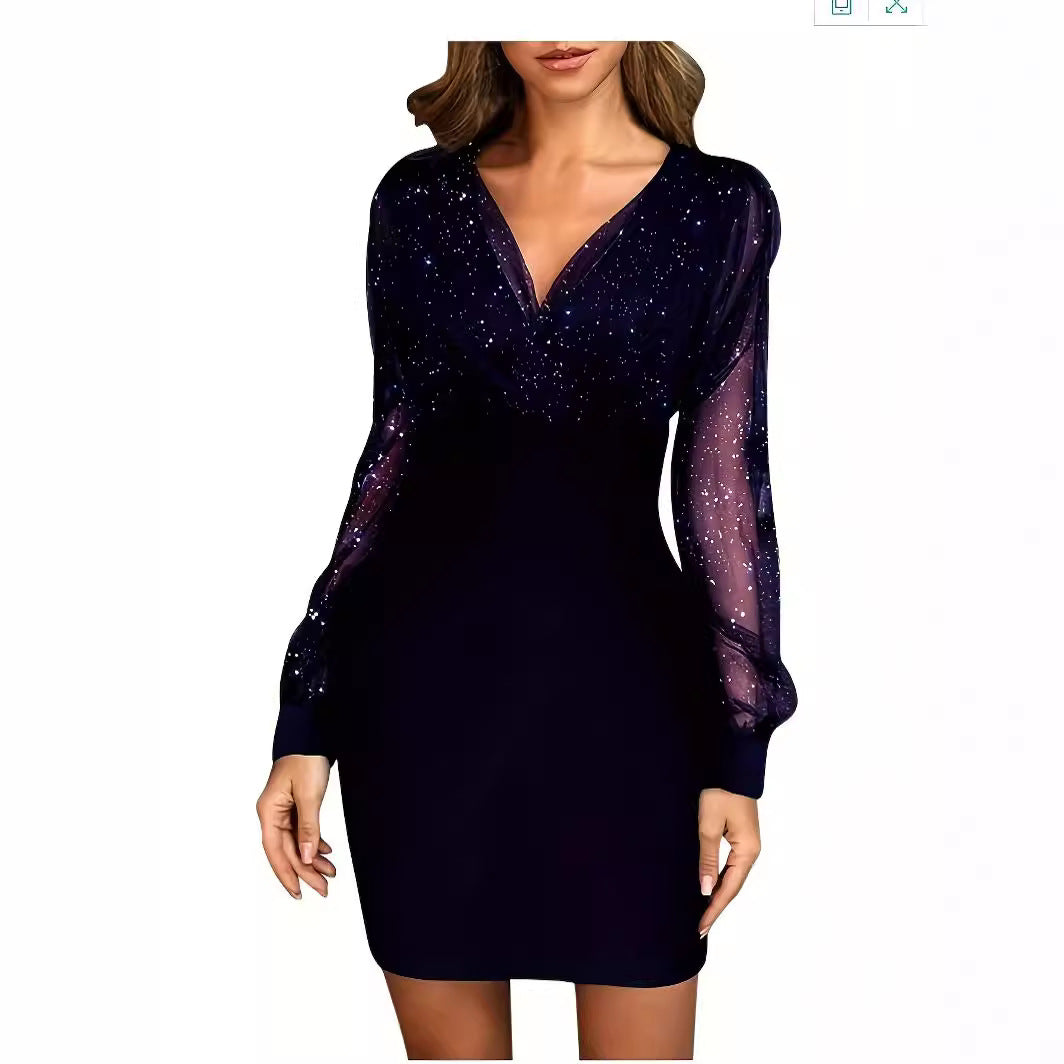 Damen Glitzerndes Cocktailkleid mit transparenten Ärmeln R&B