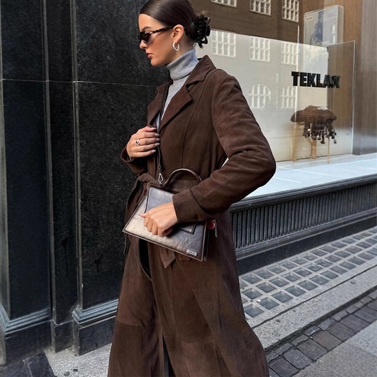 Damen Eleganter Wildledermantel mit Taillengürtel R&B