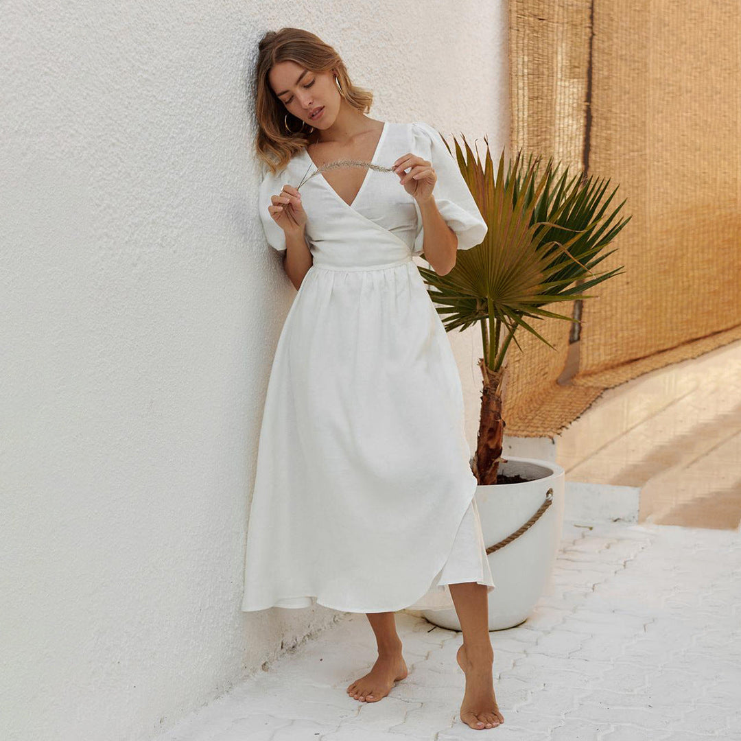 Damen Lässiges Leinenkleid mit Ballonärmeln und Tailliertem Gürtel R&B