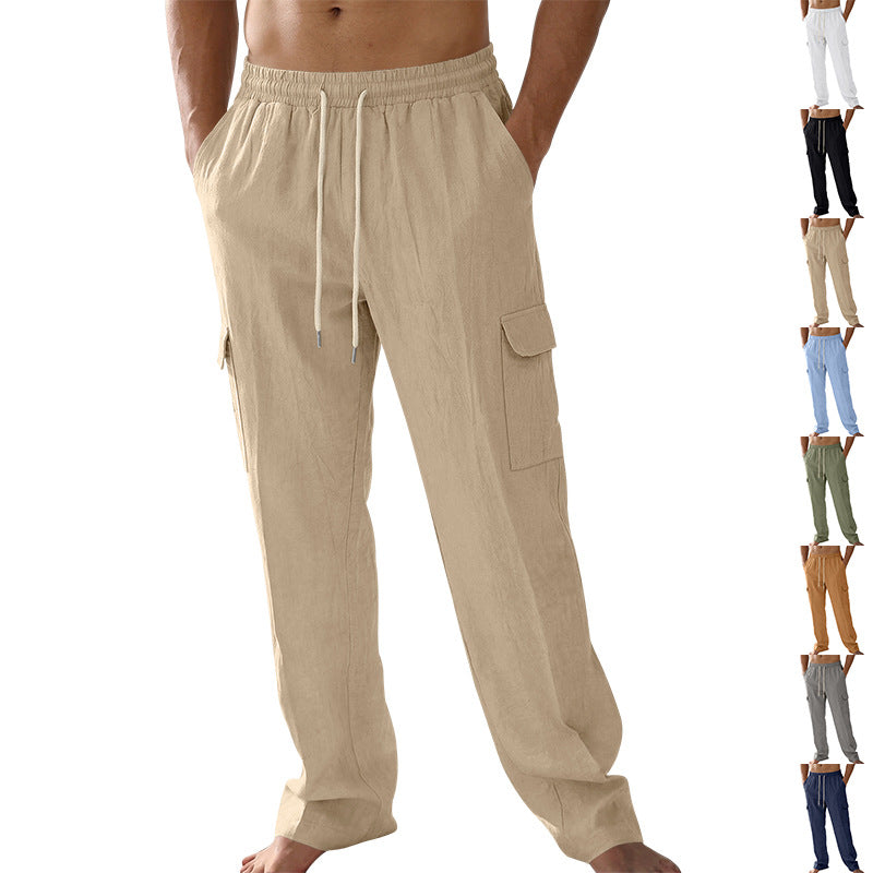 Herren nan lockere Leinen-Cargohose mit elastischem Tunnelzugbund und aufgesetzten Klappentaschen R&B