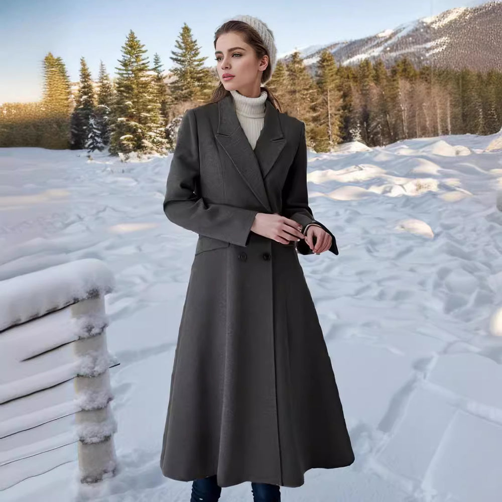 Damen eleganter Langmantel mit doppelter Knopfreihe und seitlichen Eingrifftaschen R&B