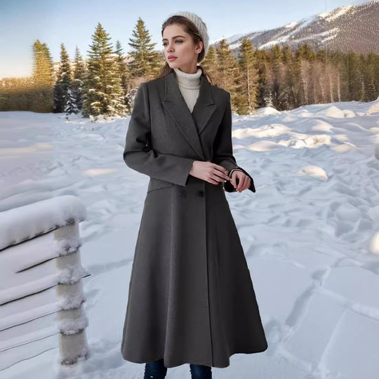 Damen eleganter Langmantel mit doppelter Knopfreihe und seitlichen Eingrifftaschen R&B