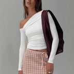 Damen Off-Shoulder Raffungsshirt mit langen Ärmeln und elegantem Design R&B